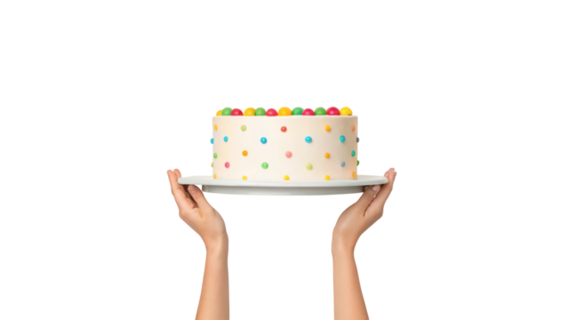Hands holding a celebratory white cake with colorful sprinkles isolated on white background