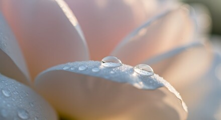 Close up of delicate rose petals with water droplets in soft light