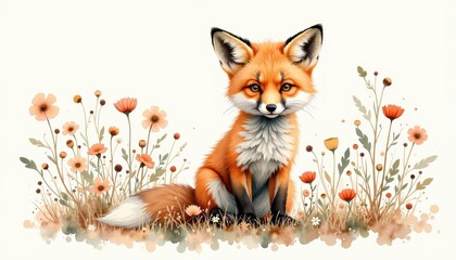 Obraz premium Fox sitting in grass with flowers wild fox observed resting calmly within vibrant green grass surrounded by blooming colorful flowers
