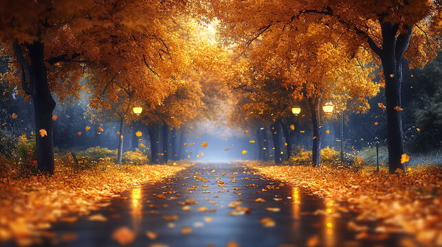 Serene autumn park scene with tree lined path and falling leaves
