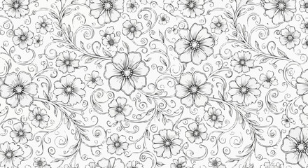 Elegant Floral Pattern - A Detailed Black and White Botanical Design.