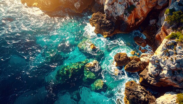 An aerial view captures the vibrant turquoise water of the sea as it meets a rugged, sun-drenched coastline with rocky cliffs and sparse vegetation.