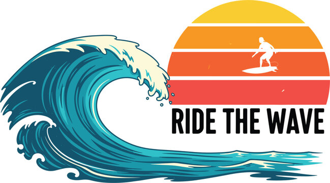 Illustration of ride the wave with a surfer silhouetted against a vibrant sunset, embodying the thrill of surfing and the beauty of nature, perfect for summer vibes
