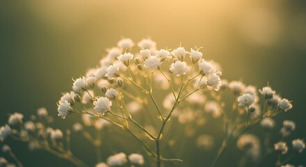 Close up of delicate white flowers with soft sunlight and blurred background