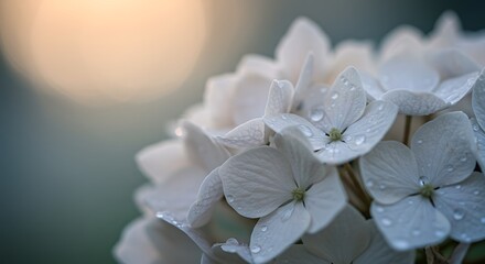 Close up of delicate white hydrangea flowers with water droplets soft focus