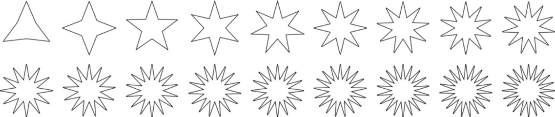 Abstract spiky star polygon outline decorative transformation geometric shapes angular symmetry isolated white background sharp optical illusion art figures evolution design collection