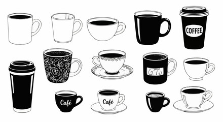 Collection of Hand-Drawn Coffee Cups and Mugs in Various Styles.