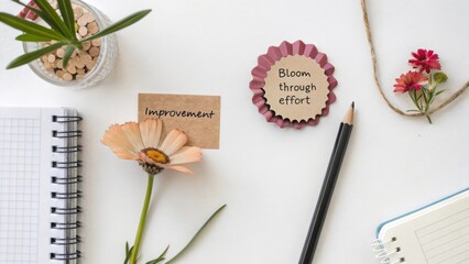Inspirational workspace with flowers and notes promoting self-improvement and growth in personal and professional life