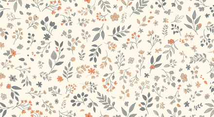 Delicate seamless pattern featuring hand-drawn botanical illustrations and small flowers in muted tones of grey, terracotta, and taupe on a creamy background.