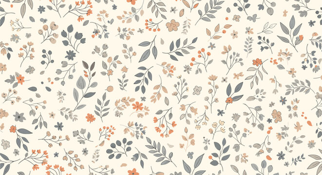 Delicate seamless pattern featuring hand-drawn botanical illustrations and small flowers in muted tones of grey, terracotta, and taupe on a creamy background.