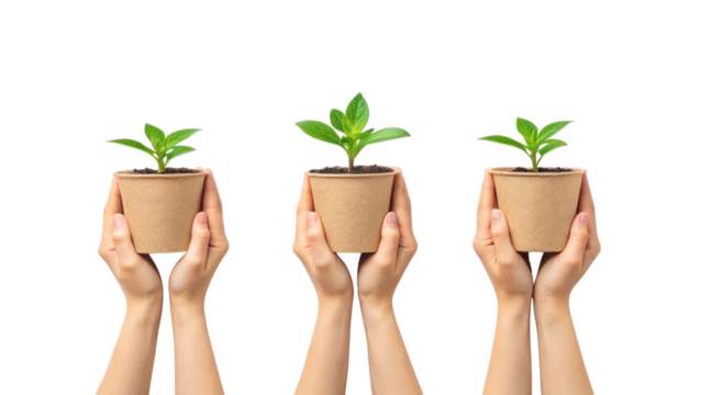 Three hands holding small green plants in eco-friendly pots isolated on white background