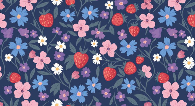 A charming seamless folk art pattern with red strawberries and a vibrant mix of blue, pink, purple, and white wildflowers on a dark blue background.