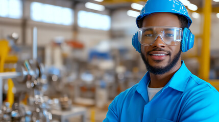 A confident worker in a blue uniform smiles, showcasing safety gear in a modern industrial setting, symbolizing professionalism.