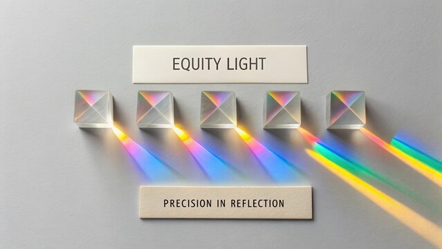 Light Prisms Showcasing Rainbow Effect and Text for Equity Light and Precision in Reflection in Abstract Display