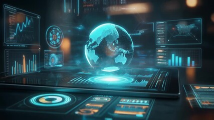 Futuristic digital global data visualization with glowing graphs and charts on a modern display - Powered by Adobe