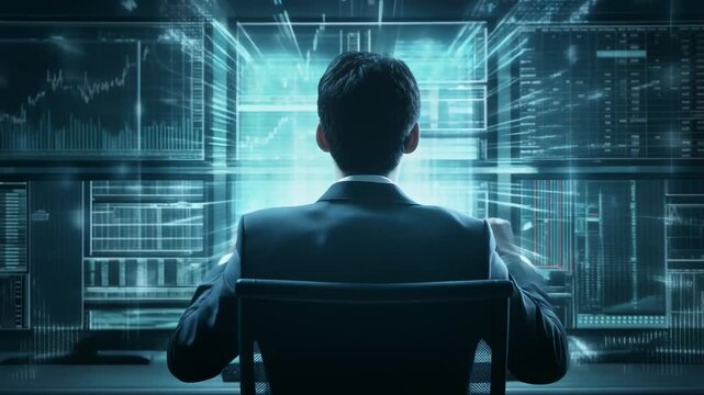 Dynamic stock market trader celebrating success with multiple screens showcasing financial data and charts