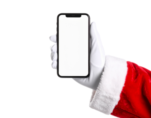 Santa claus holding phone christmas mockup mobile app promotion on transparent background