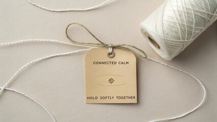 Natural craft tabletop scene with wooden tag string and spool showcasing connected calm and gentle encouragement for mindfulness