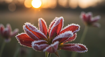 Close up of frosted red flower with sunlight in soft focus background