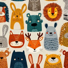 Obraz premium Whimsical Kids’ Pattern Featuring Adorable Animal Faces
