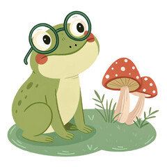 Charming cartoon frog with glasses sits beside whimsical mushrooms in a grassy meadow, perfect for storytelling and children's themes