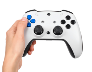 White gamepad controller hand playing video games console gaming on transparent background