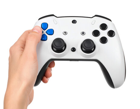 White gamepad controller hand playing video games console gaming on transparent background