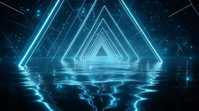 Futuristic digital landscape with glowing blue geometric shapes and reflections on water
