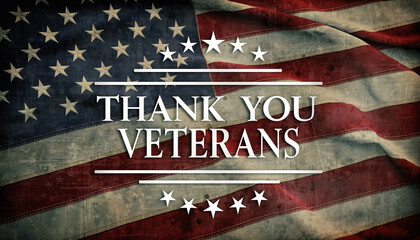 A commemorative Thank You Veterans graphic with white text and stars over a grungestyle waving American flag.