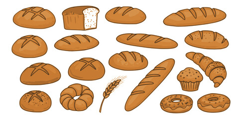 Set of different types of bread and bakery products. Simple elements in doodle style.