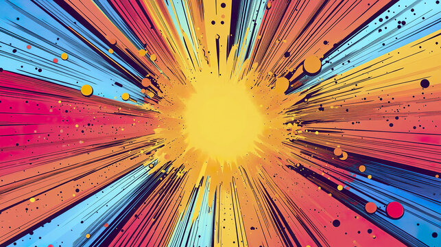 Vibrant comic style explosion with dynamic lines and dots