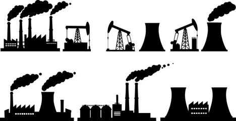 Naklejka premium Industrial Building Silhouette Icon Set for Construction Design. Factory and Warehouse Black Icons – Vector Silhouette Collection