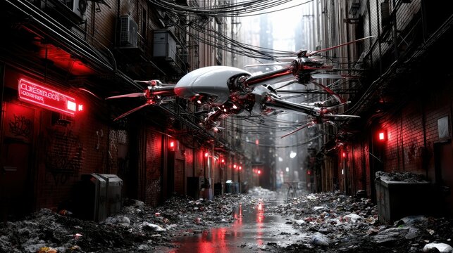 A futuristic drone hovers in a dark, debris-filled alleyway, with red neon lights casting an eerie glow on the wet pavement and brick walls.