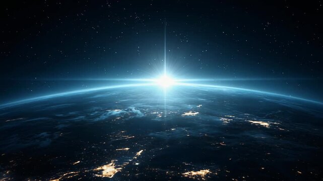 Stunning view of Earth from space with sunrise and stars, perfect for cosmic and atmospheric themes.