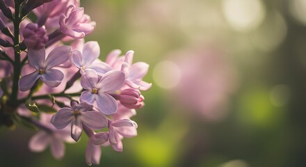 Fototapeta premium Close up of lilac flowers bathed in sunlight with soft focus background