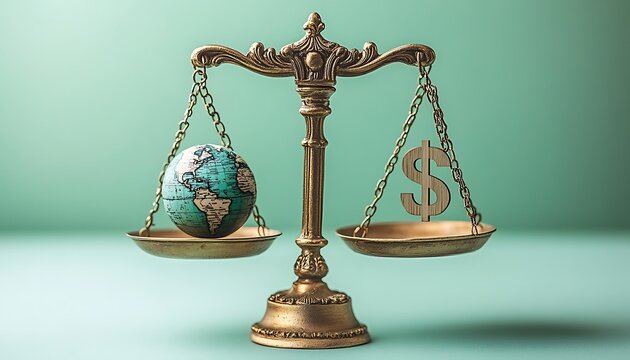 Antique Balance Scale Weighs Earth Globe Against Wooden Dollar Sign brass gold - Powered by Adobe
