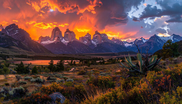 Fiery Sunset Over Mountain Range
