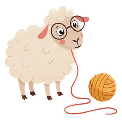 Charming cartoon sheep wearing glasses enthusiastically knitting with a ball of yarn, perfect for crafts and farm themes.