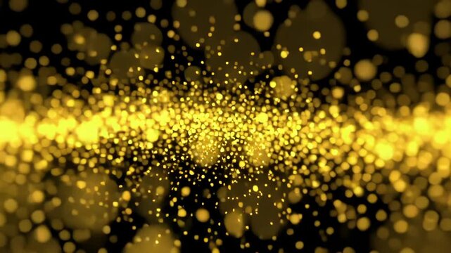 Abstract glowing gold particle bokeh light animation effect in a magical universe with colourful burst, nebula shine, sparkling ray on stage, video