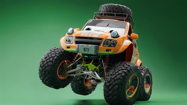Cartoon monster truck with a spare tire on its roof, against green