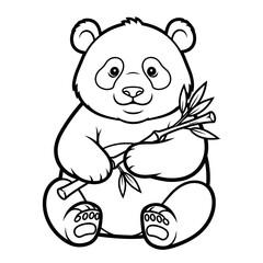 A cute cartoon sitting panda bear holding bamboo, black and white outline vector drawing for coloring.