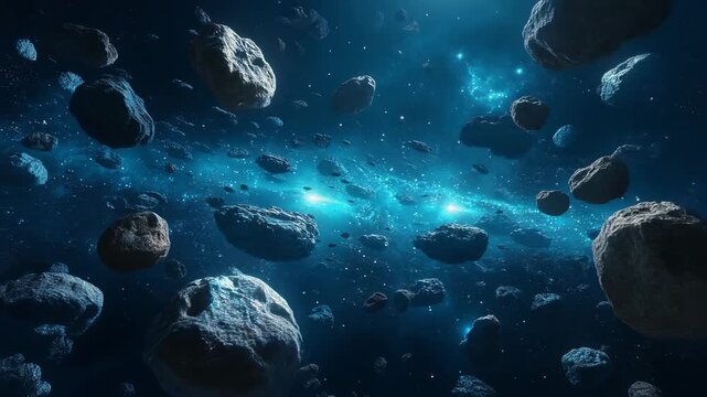 Stunning depiction of an asteroid field in deep space with cosmic background, perfect for science and astronomy themes