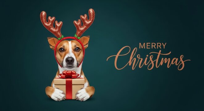A festive dog wearing reindeer antlers sits beside a wrapped gift. The background is dark green, creating a cheerful Christmas atmosphere with space for text.