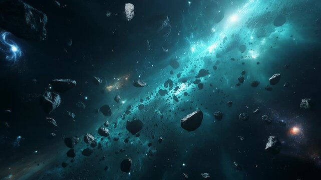 Stunning cosmic scene with asteroids and a vibrant galaxy background showcasing the beauty of space
