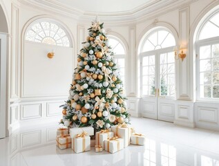Elegant christmas tree with gifts in a bright white ballroom