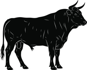 Black bull standing silhouette, powerful strong animal vector illustration, farm livestock design, horned cattle artwork, domestic animal concept, strength and nature symbol