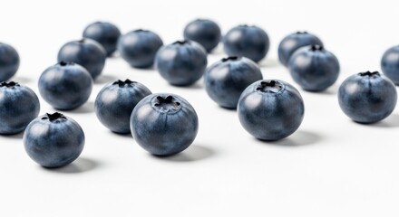 Scattered fresh blueberries on white background showing ripe blue fruit texture
