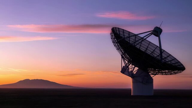 Radio telescope silhouette against a vibrant sunset sky with distant mountains on the horizon at dusk