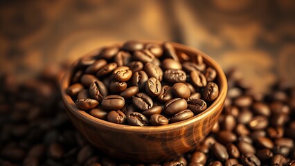 Fototapeta premium robusta. Freshly roasted coffee beans in a bowl, evoking warmth and rich aroma in a rustic setting. bar promotions, beverage menus, designed for product packaging and bar promotions.