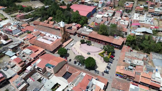 Aerial drone view of the town center of Raquira, Colombia. High quality 4k footage